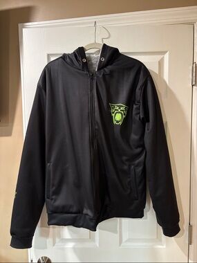 Men's Black Zip-Up Hooded Ski Jacket with Neon Green Panther Accent